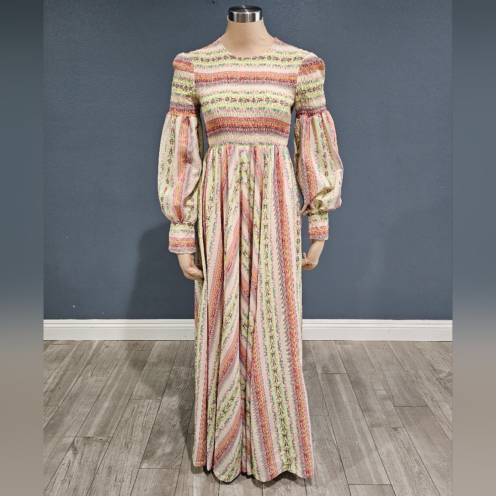 Vtg YOUNG INNOCENT Arpeja Pink Cream Striped Prairie Cottagecore Maxi Dress XS/S